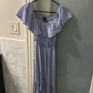AQUA off the shoulder blue and white striped ruffle dress size XS